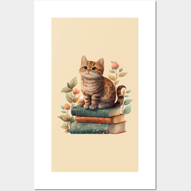 Cute Cottagecore Cat on Books Wall Art by BotanicalWoe